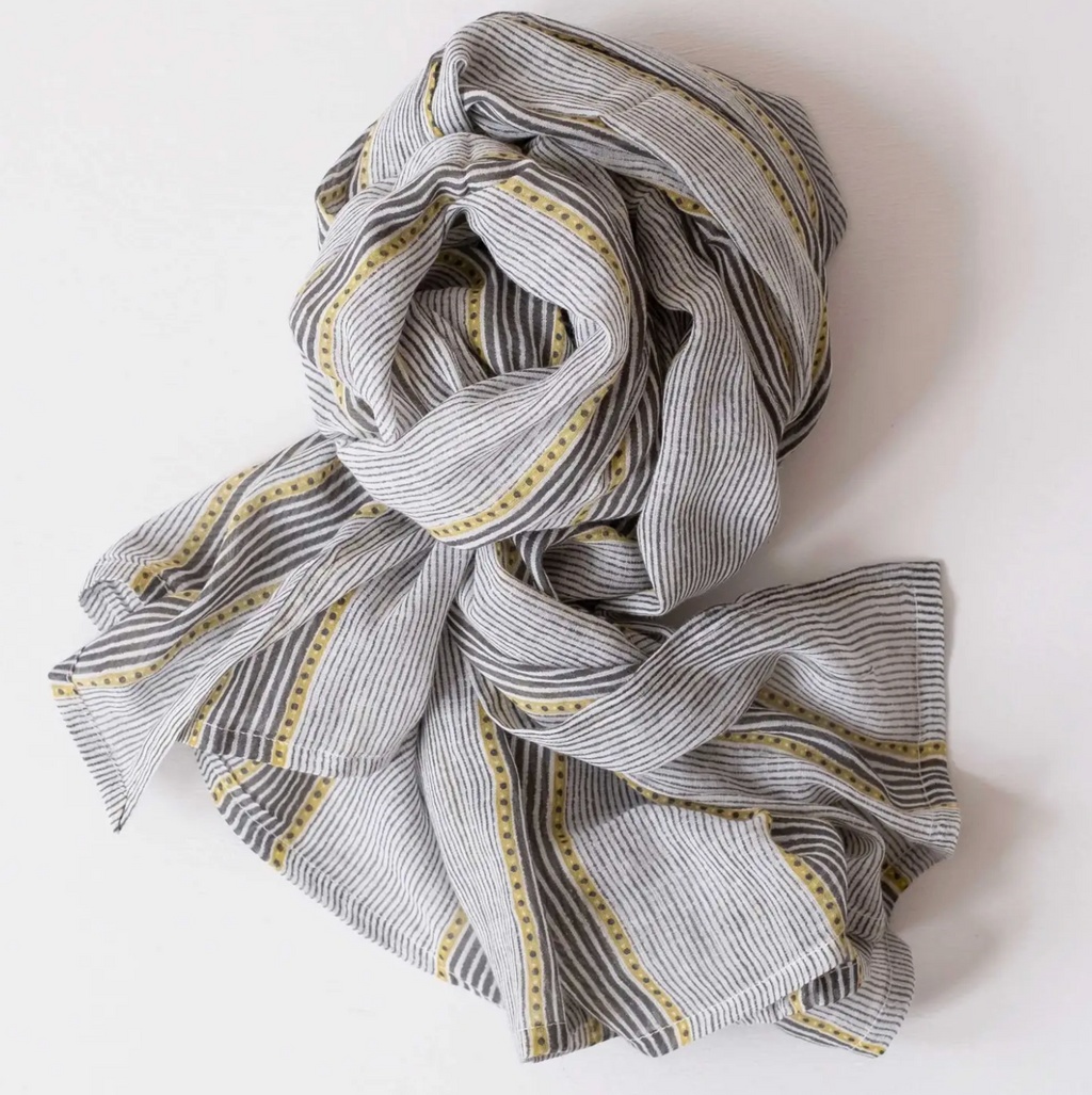 Trilot Striped Olive Block Print Scarf